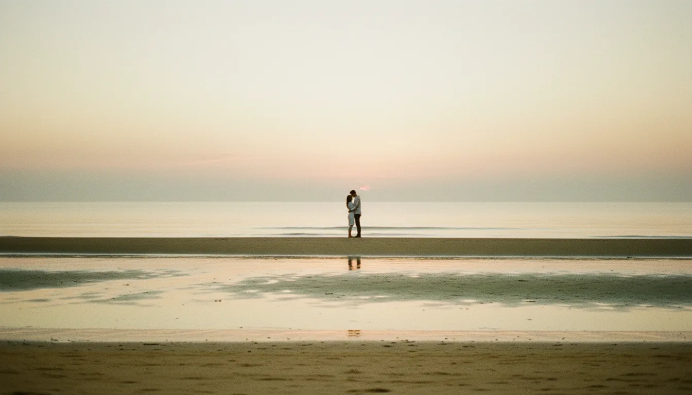 Couple silhouetted at a golden coastline dawn, evoking the warmth of new beginnings