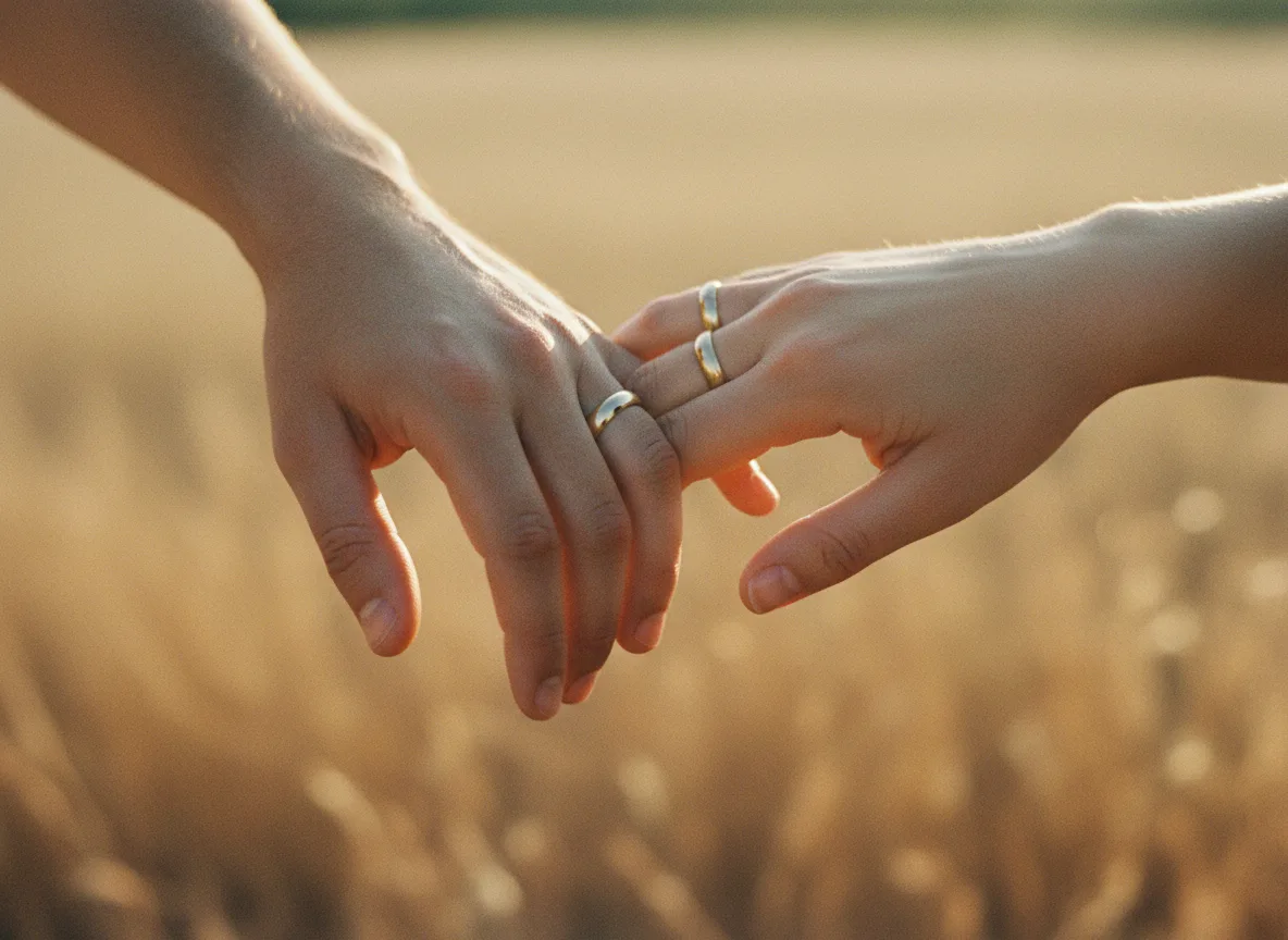 Intertwined hands with wedding rings in golden light, evoking intimacy and connection