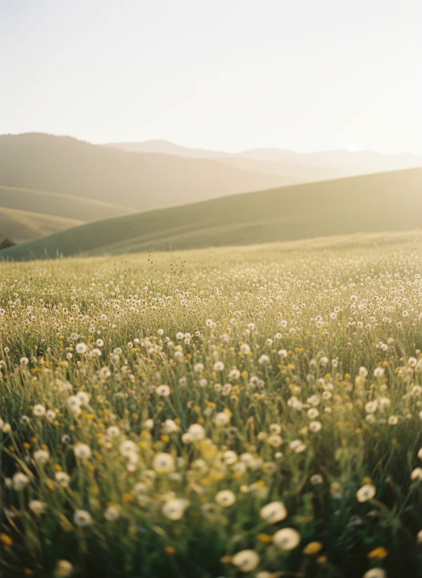 A golden hour meadow with wildflowers evoking the warmth of new beginnings