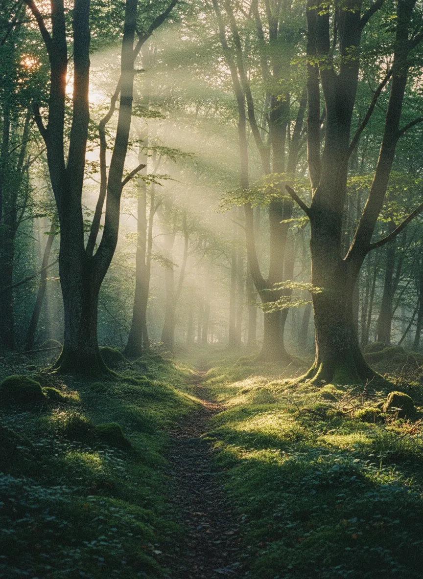A serene sun-drenched forest at dawn evoking a sense of peace and reflection
