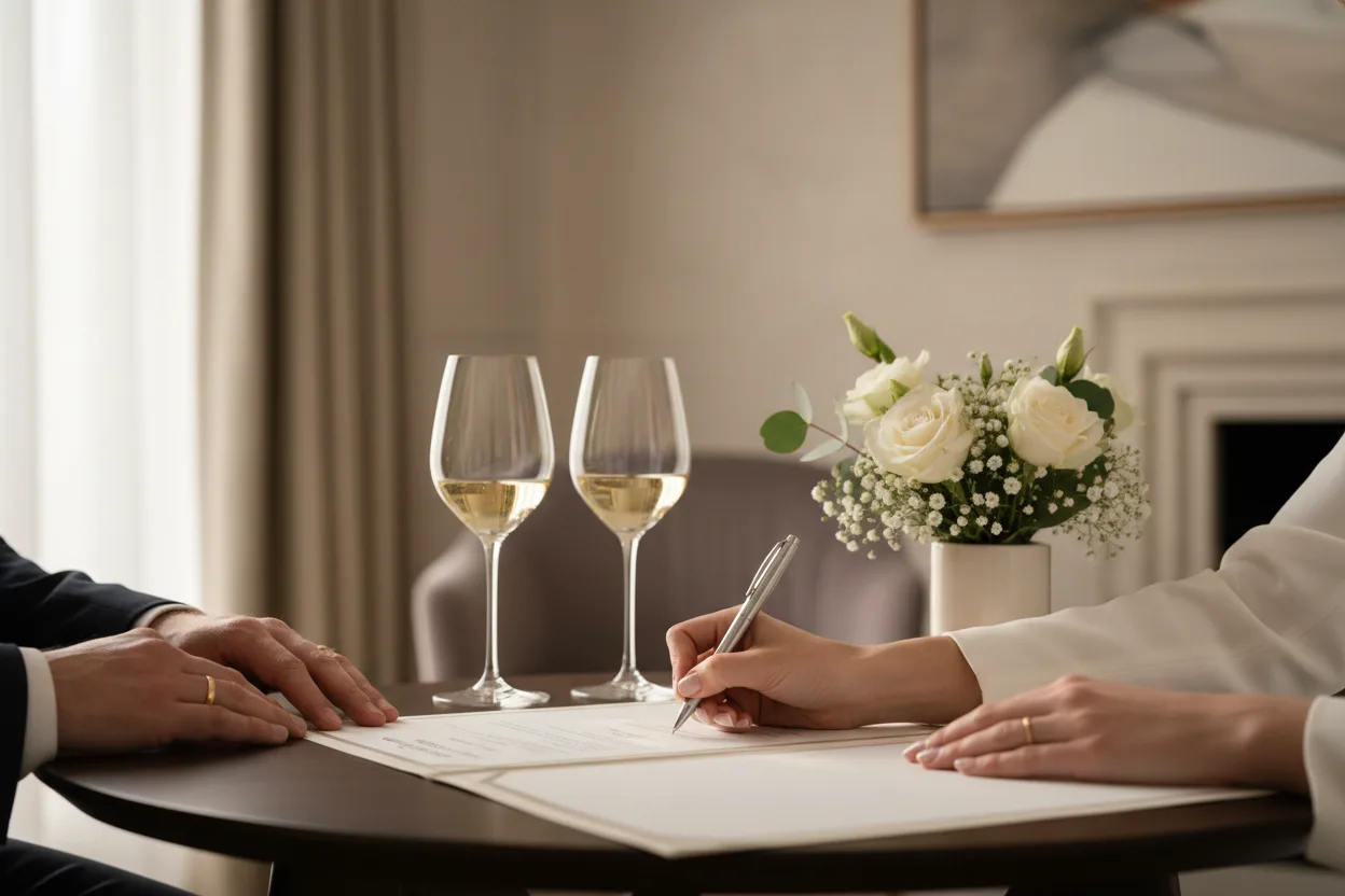 Couple signing wedding papers in an elegant modern setting