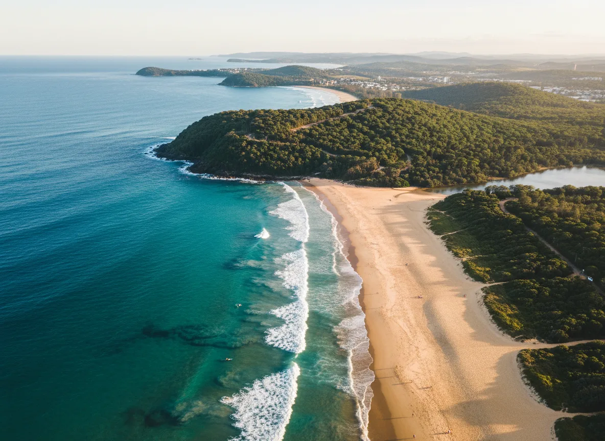 Aerial view of Noosa headland with turquoise waters and golden sand
