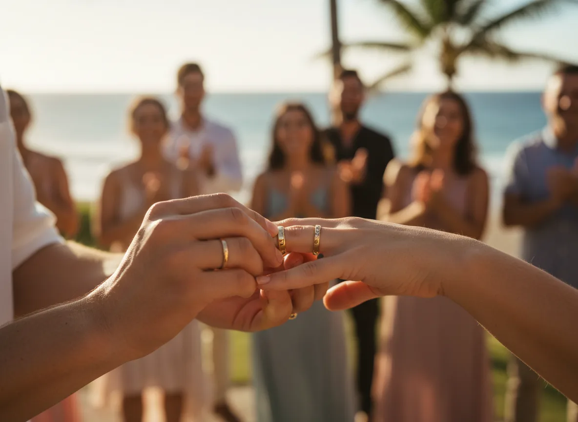 Close up of hands exchanging wedding rings in golden light