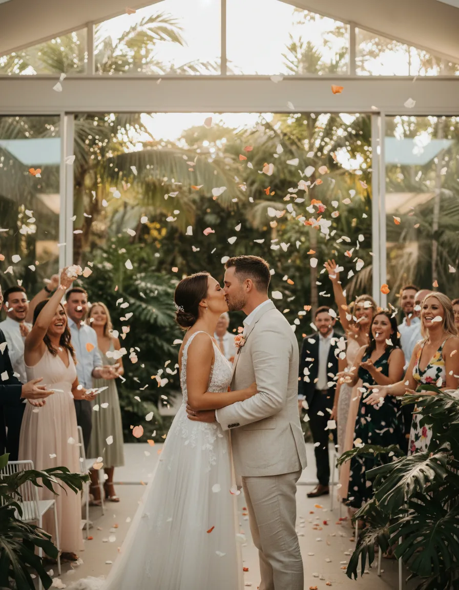First kiss at a modern Queensland wedding ceremony with petals in the air