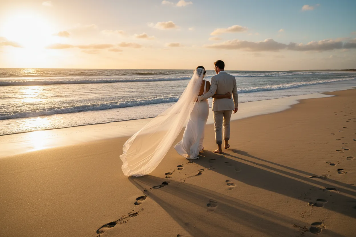 Couple walking along a Queensland beach at sunset with flowing veil