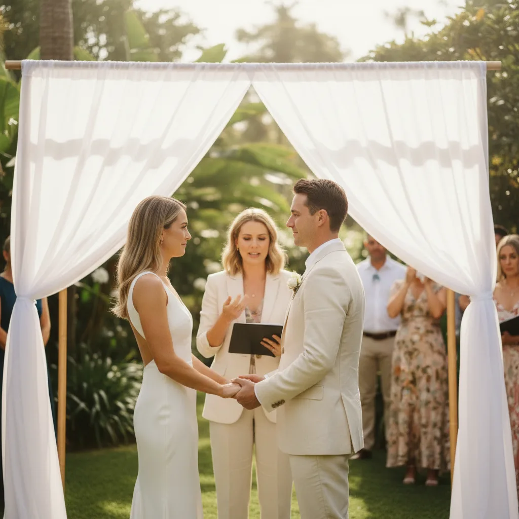 Wedding ceremony under an elegant arch with emotional couple and guests