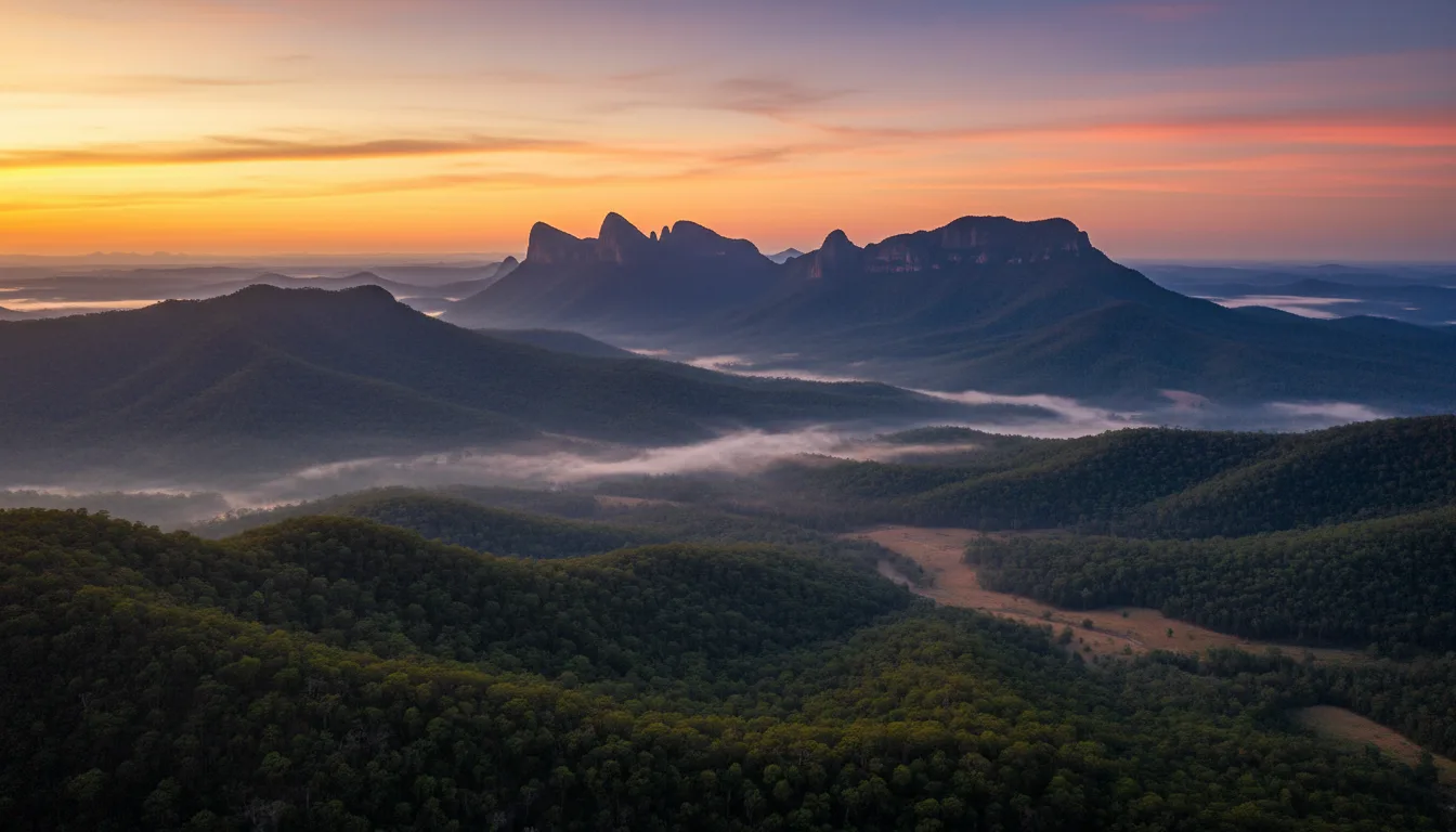 Glass House Mountains at golden hour in the Sunshine Coast hinterland