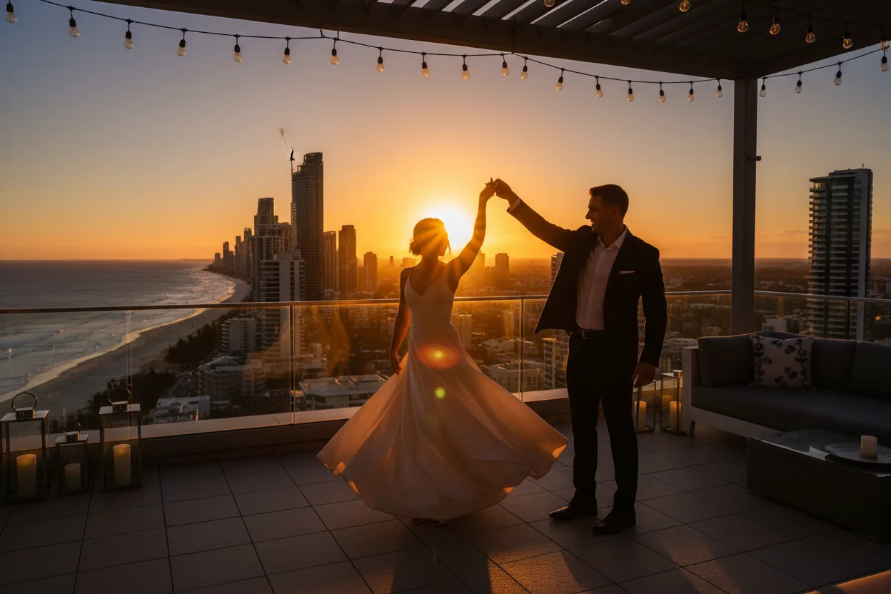 Couple dancing at golden hour on a rooftop overlooking the Gold Coast