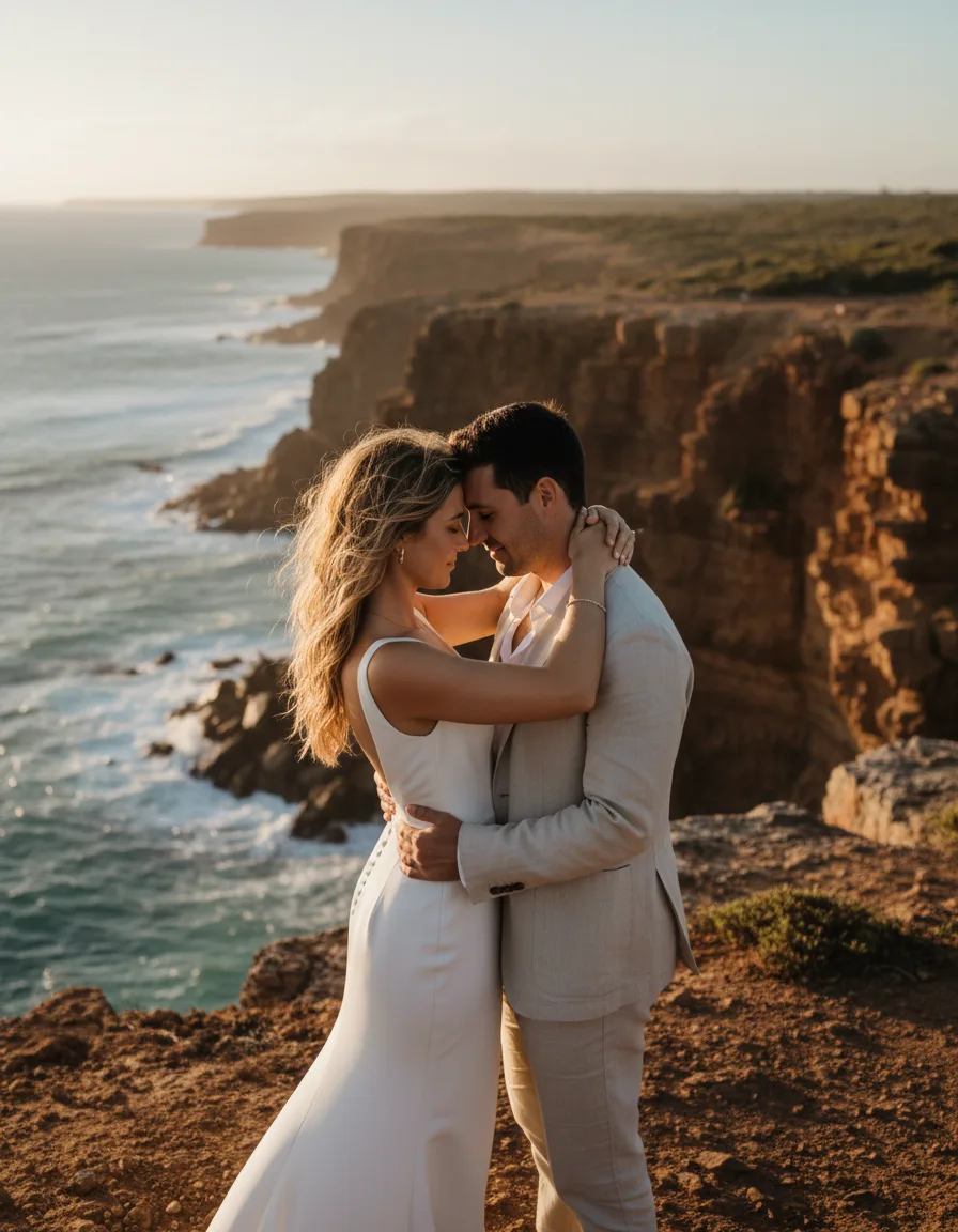 Intimate elopement couple on a dramatic Queensland cliff overlooking the ocean