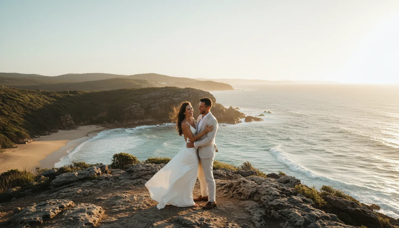 Couple embracing on a Queensland headland at golden hour