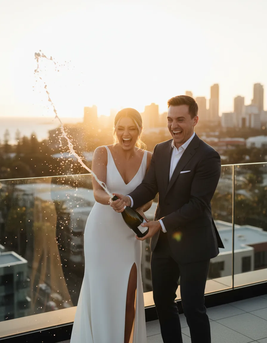 Couple popping champagne in celebration on a Queensland rooftop