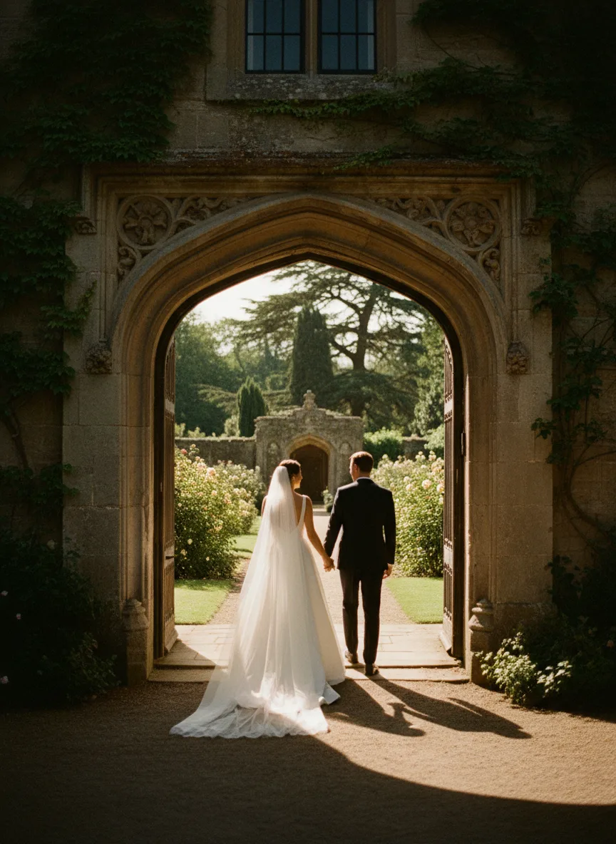 Bride and groom walking through heritage doorway into sunlit garden