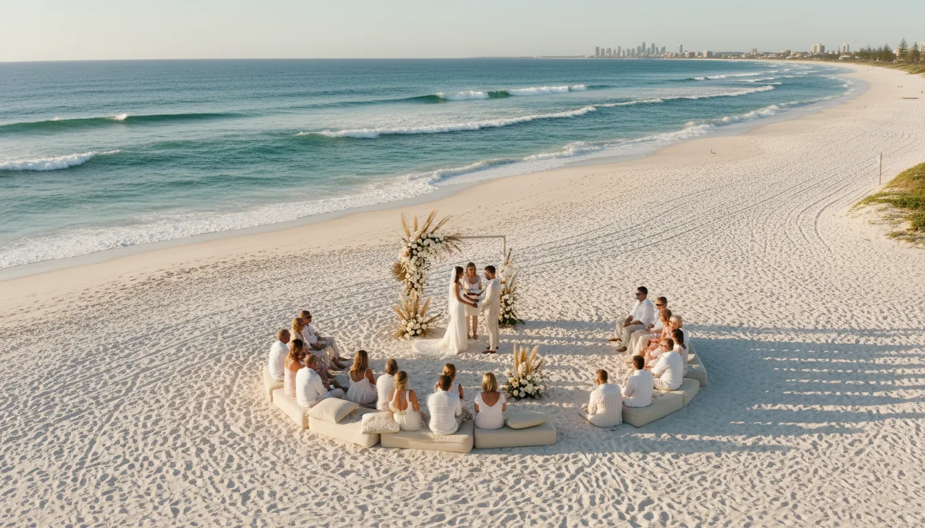 Aerial view of beachside wedding ceremony at sunset