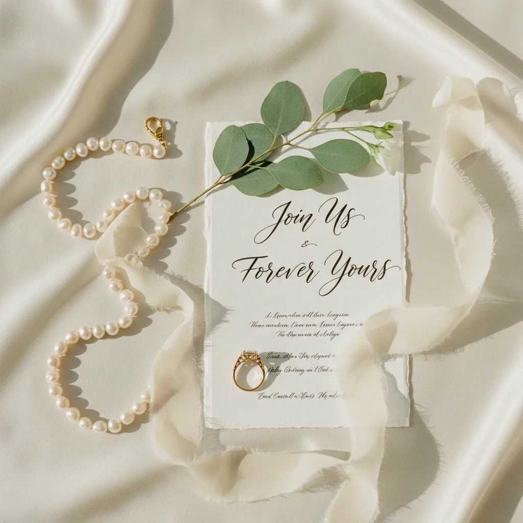 Bridal detail flat lay with silk ribbon, invitation, and pearls
