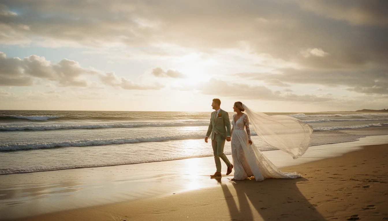 Couple walking along the Gold Coast shoreline at golden hour