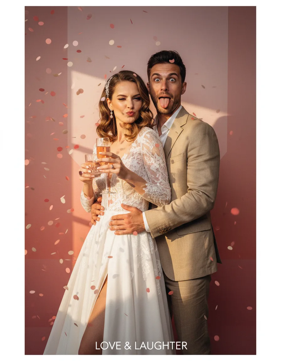 Stylish bride and groom in photobooth