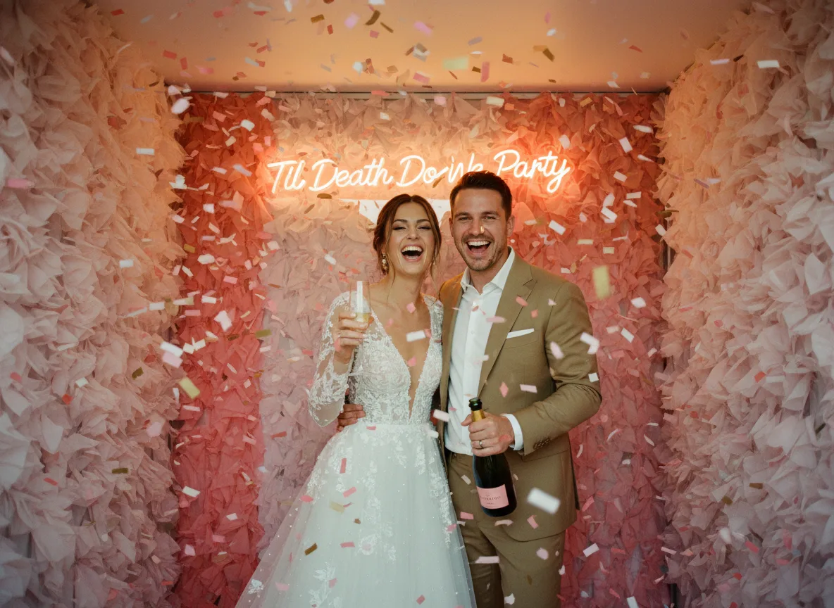 Stylish wedding couple laughing in photobooth with confetti